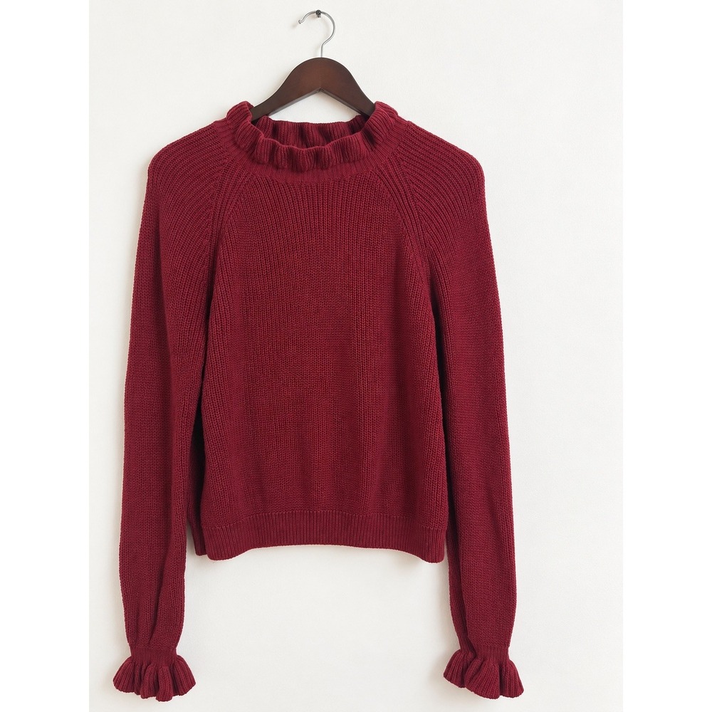 CeCe Women's M Burgundy Cotton Rib-Knit Mock Neck Raglan Ruffle Pullover Sweater